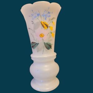 Victorian Antique White Opaque Bristol Glass Vase Hand Blown hand Painted Floral